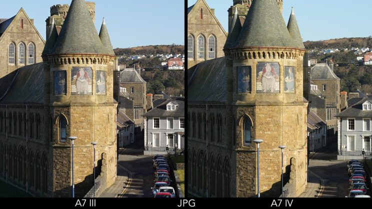side by side crop of the previous image to show the detail rendering on the castle, from the JPG files