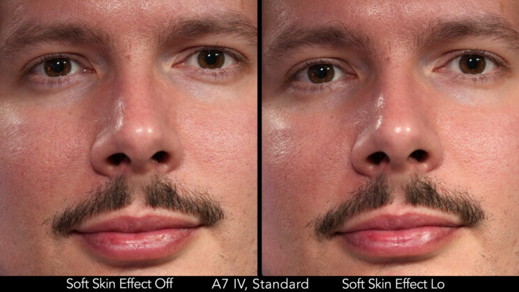 side by side men's portrait showing the Soft Skin Effect set to off and low