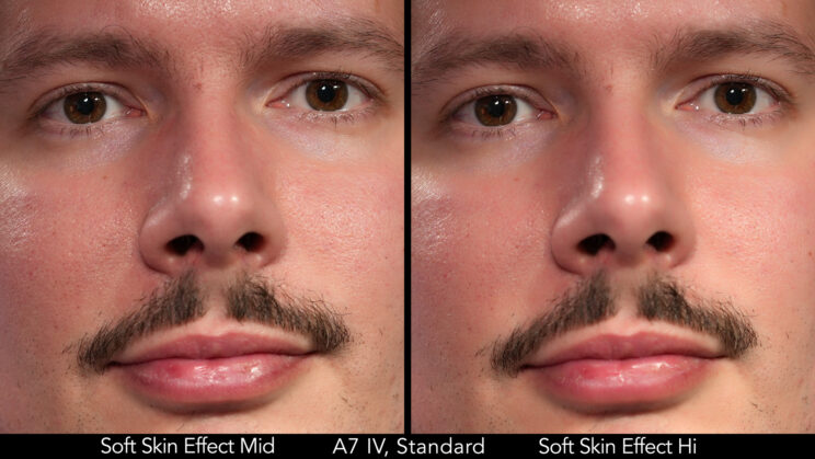 side by side men's portrait showing the Soft Skin Effect set to medium and high