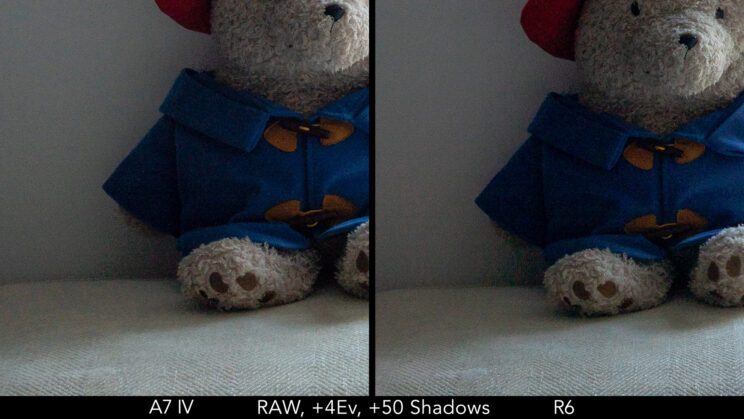 side by side crop showing the noise present after a 4 stops recovery in Lightroom between the A7 IV and R6