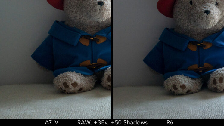side by side crop showing the noise present after a 3 stops recovery in Lightroom between the A7 IV and R6