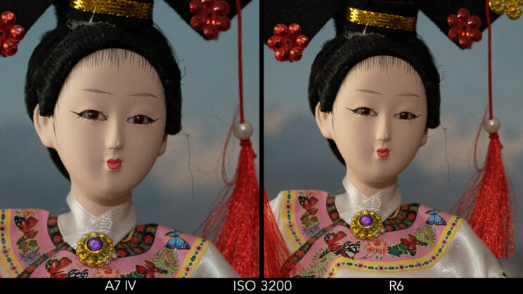 side by side crop showing the difference at ISO 3200 between the A7 IV and R6