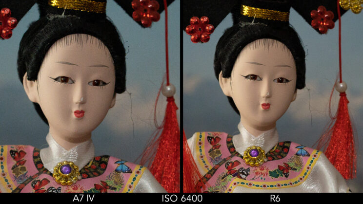 side by side crop showing the difference at ISO 6400 between the A7 IV and R6
