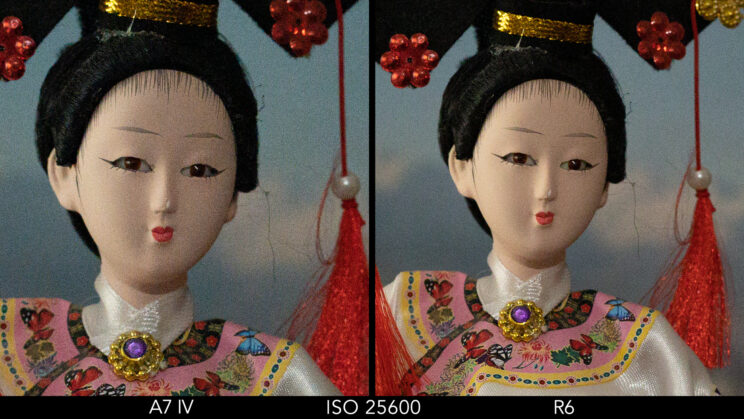 side by side crop showing the difference at ISO 25600 between the A7 IV and R6