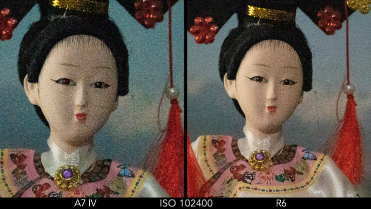side by side crop showing the difference at ISO 102400 between the A7 IV and R6