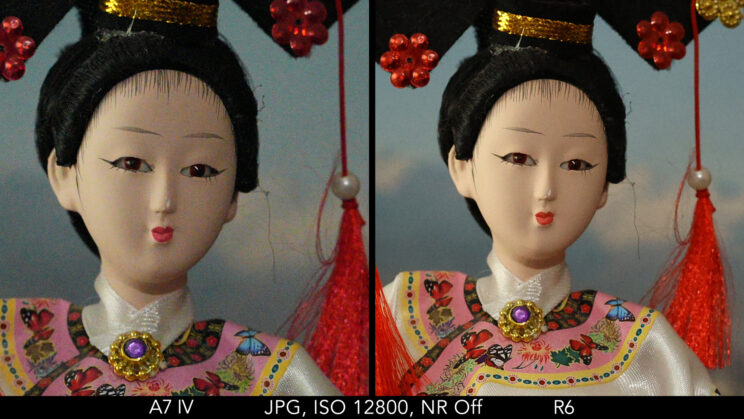 side by side crop showing the difference at ISO 12800 with NR off