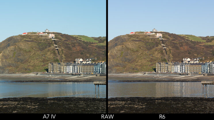 side by side image of a seaside town with big hill in the background, taken with the A7 IV and R6 in RAW format