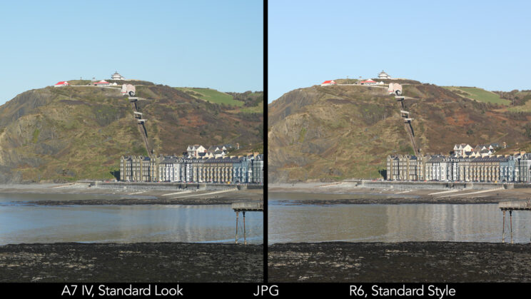side by side image of a seaside town with big hill in the background, taken with the A7 IV and R6 in JPG Standard