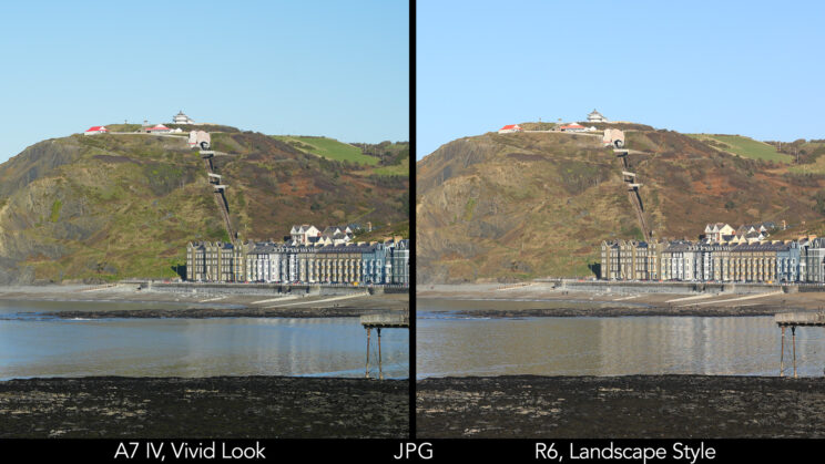 side by side image of a seaside town with big hill in the background, taken with the A7 IV with Vivid profile, and R6 with Landscape profile