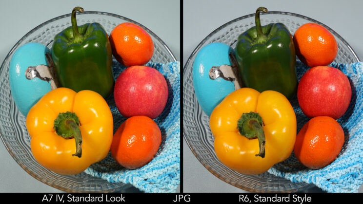 side by side image of fruits and vegetables, taken with the A7 IV and R6 in JPG standard
