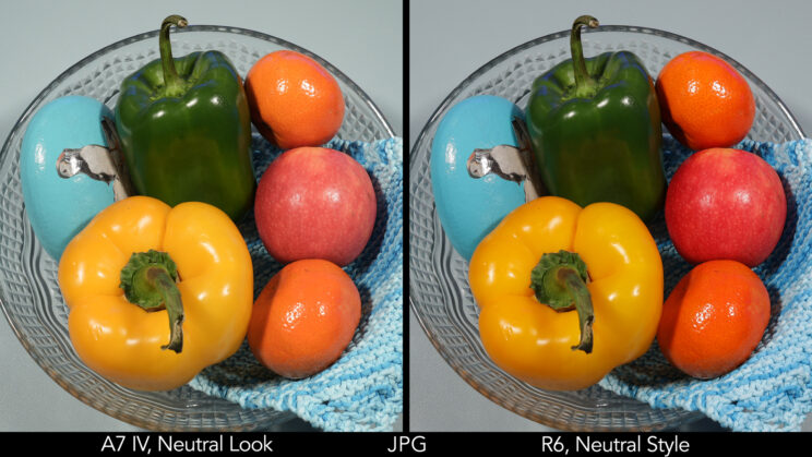 side by side image of fruits and vegetables, taken with the A7 IV and R6 in JPG Neutral
