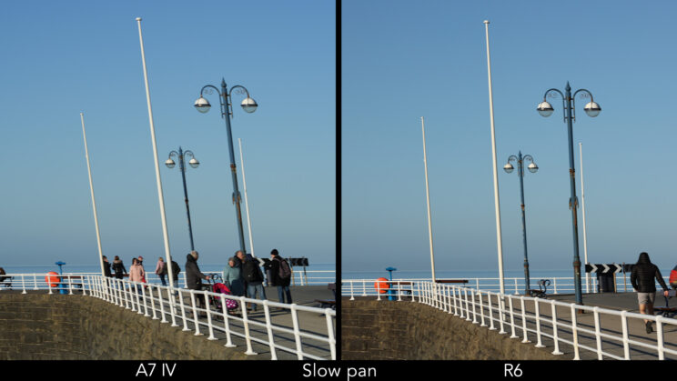 side by side comparison of a slow panning movement using the electronic shutter