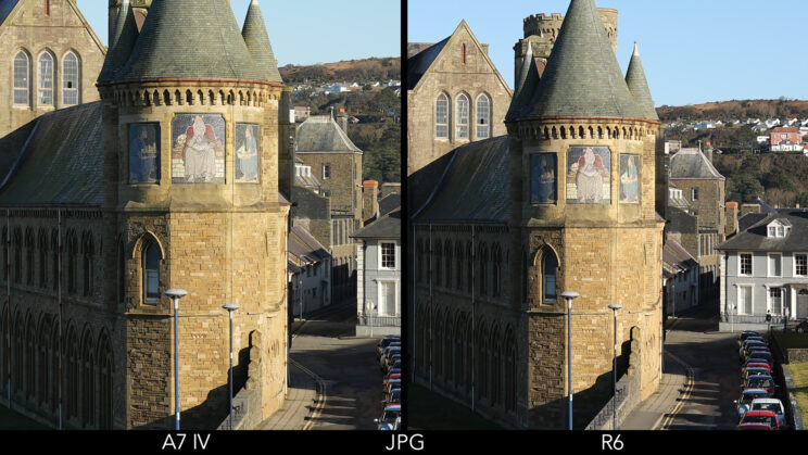 side by side crop of the previous image showing the detail rendering on the castle, from the JPG files