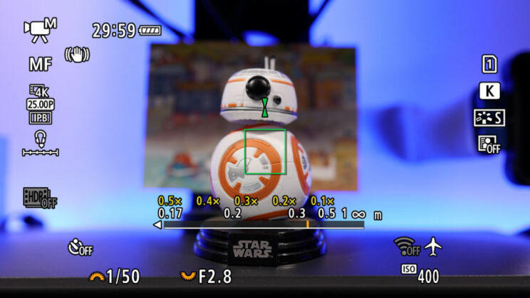 screenshot of the Canon live view showing the focus guide on the display