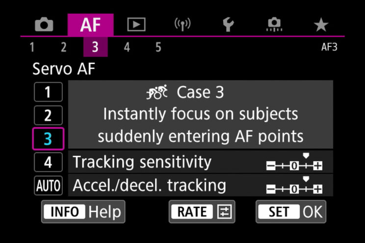 screenshot of the Canon R6 menu showing the Servo AF Case settings