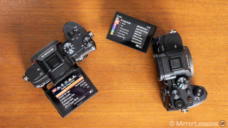 A7 III and A7 IV side by side with lcd screen tilted and / or opened, view from the top