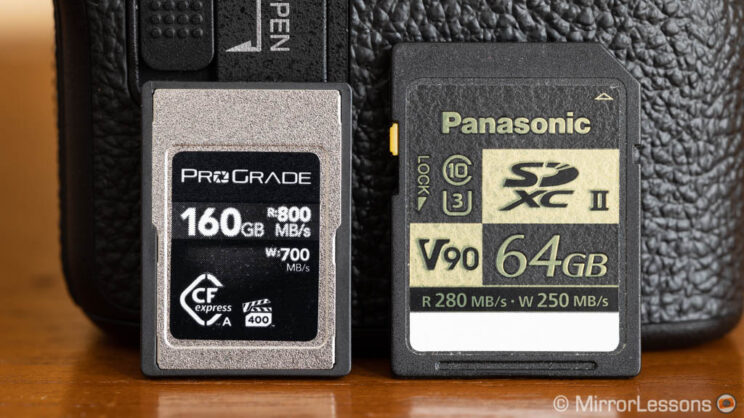 Prograde CFexpress Type A card next to a Panasonic SD UH-II card