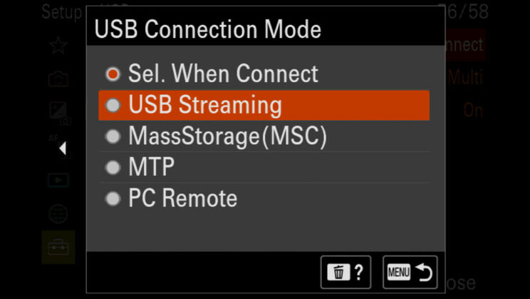 Screenshot of the USB connection setting on Sony cameras.