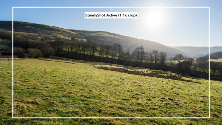 landscape image with bright rectangle overlay showing the crop applied by the Steadyshot Active mode