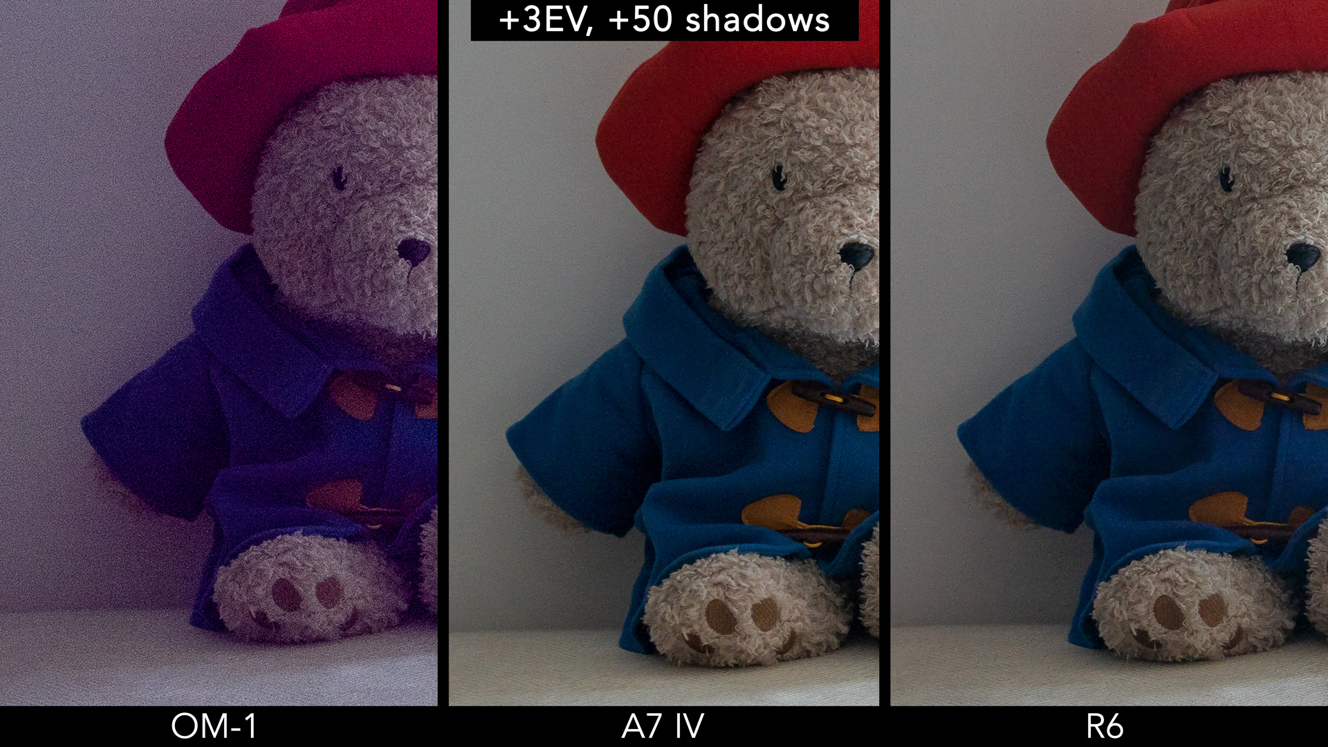 side by side crop showing the difference in noise between the E-M1 III and OM-1 with 3 stops and +50 shadows recovery