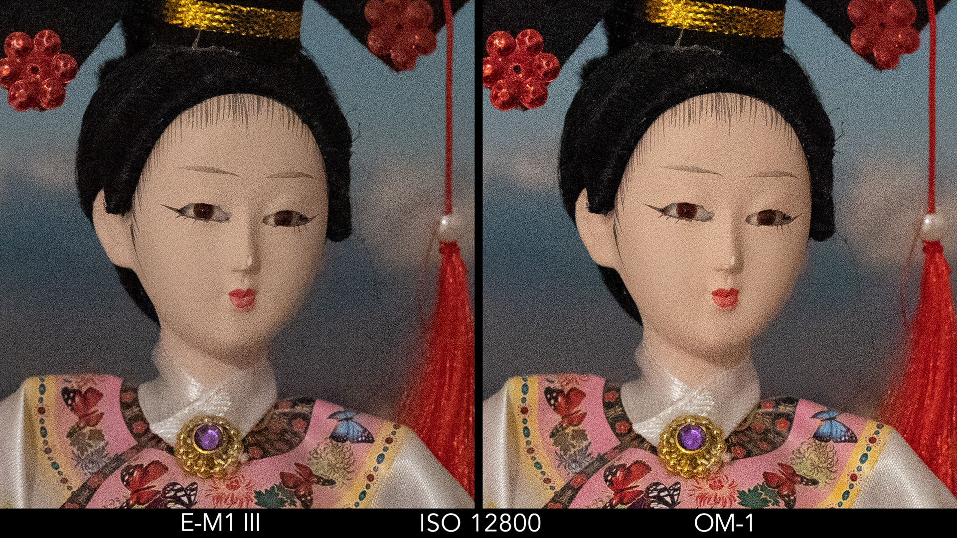 side by side image of a Japanese doll comparing ISO 12800 for the E-M1 III and OM-1