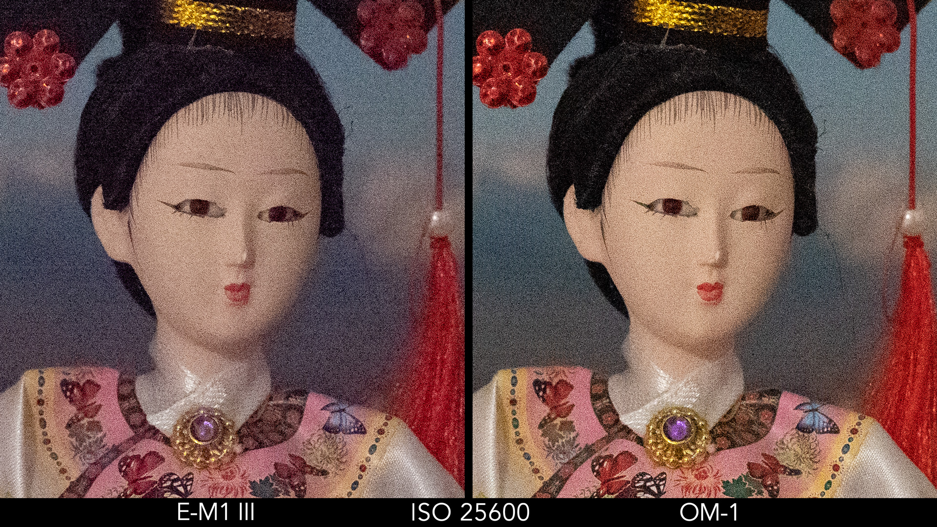 side by side image of a Japanese doll comparing ISO 25600 for the E-M1 III and OM-1