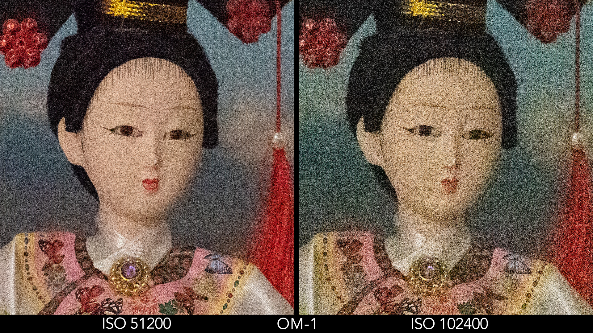 side by side image of a Japanese doll comparing ISO 51200 and 102400 on the OM-1