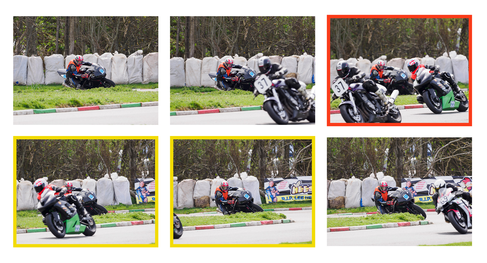 sequence of six frames with a biker racer being covered by two other bikes in the foreground momentarily