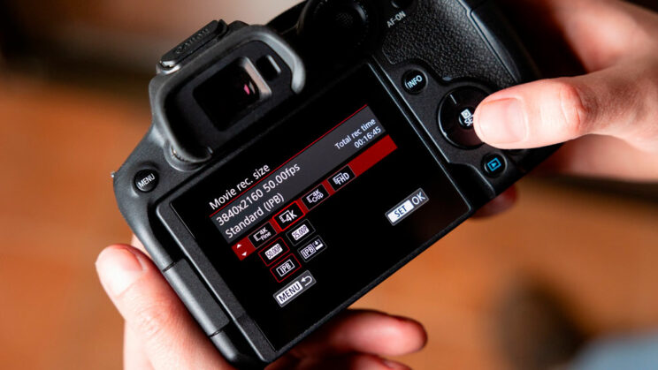 rear of the Canon R7, with video settings on the LCD screen