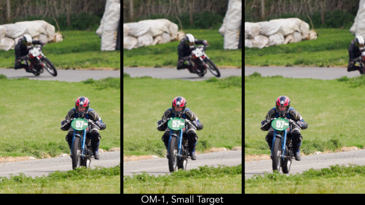 side by side images showing three frames with the biker in focus