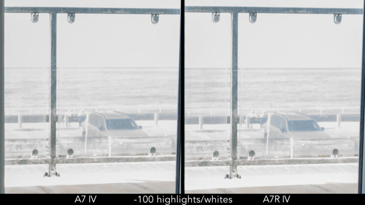 Side by side crop of the A7 IV and A7R IV, showing -100 highlights recovery