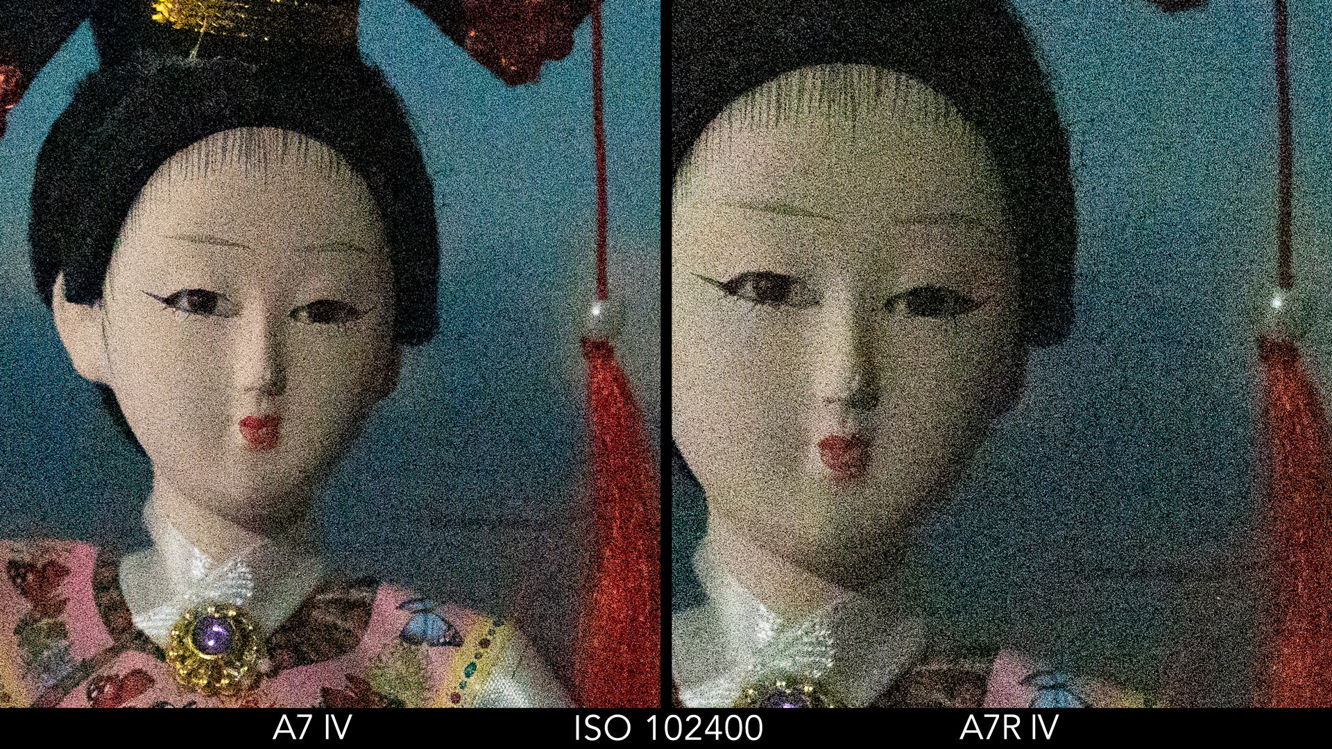 Side by side crop showing the quality at ISO 102400 for the A7 IV and A7R IV