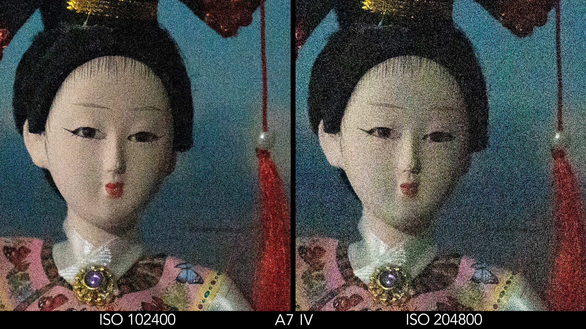 Side by side crop showing the quality at ISO 102400 and 204800 for the A7 IV