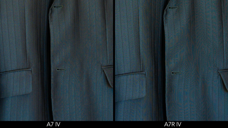 Side by side crop of a jacket, showing moiré on the fine textile details.