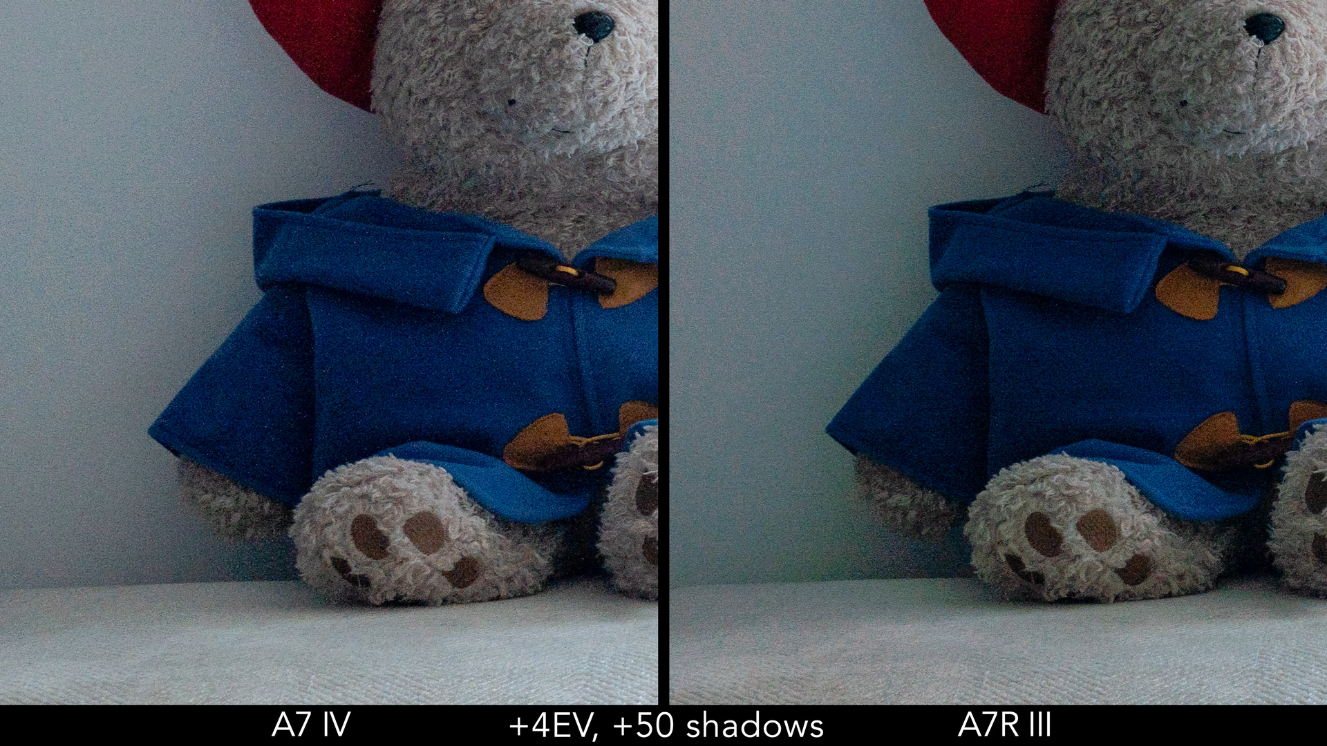 Obok siebie uprawy pokazujące odzyskiwanie cienia dla A7 IV i A7R III