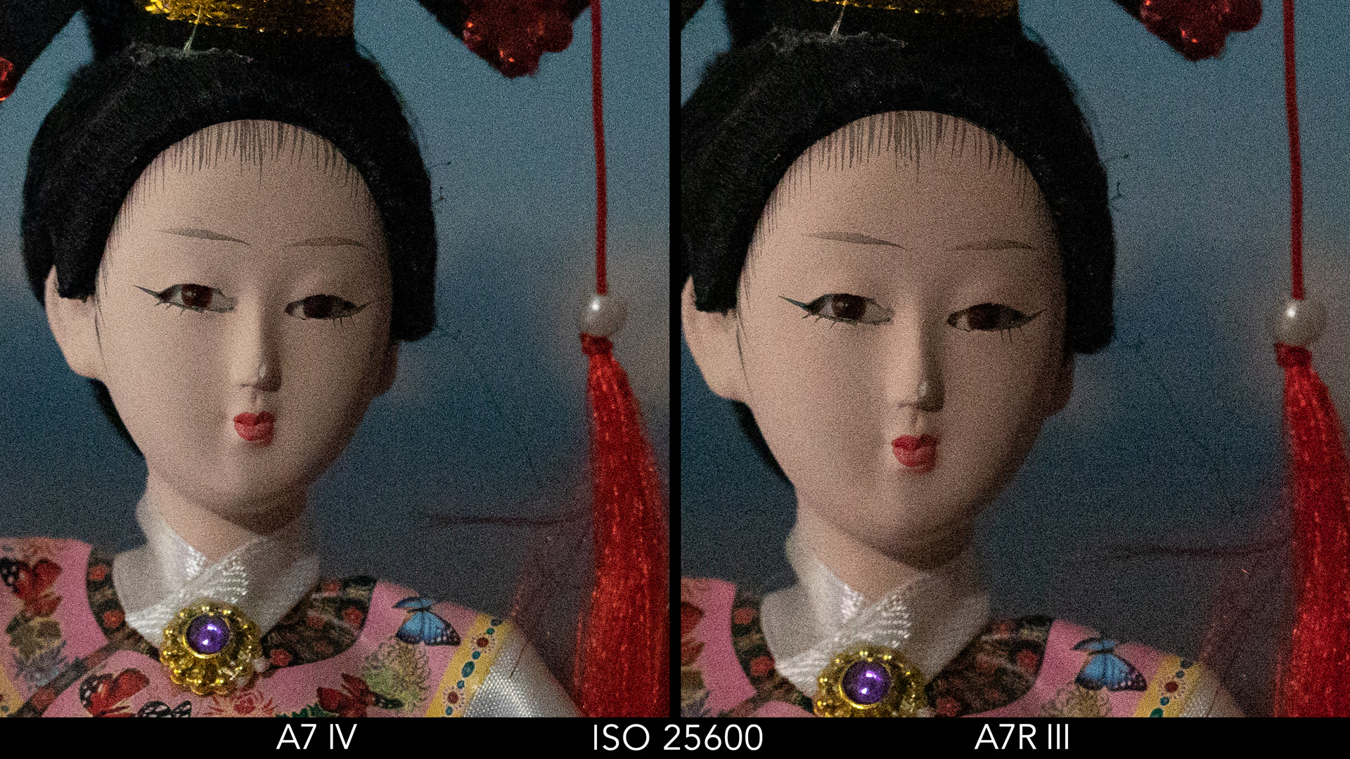 Side by side crop showing the quality at ISO 25600 for the A7 IV and A7R III