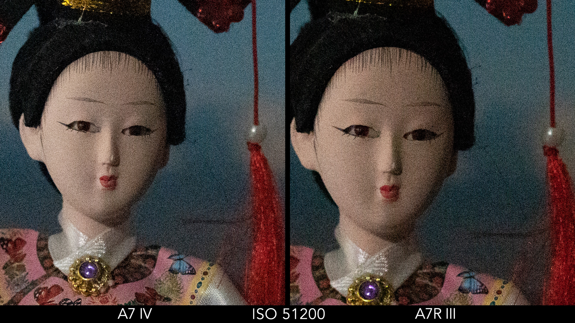 Side by side crop showing the quality at ISO 51200 for the A7 IV and A7R III