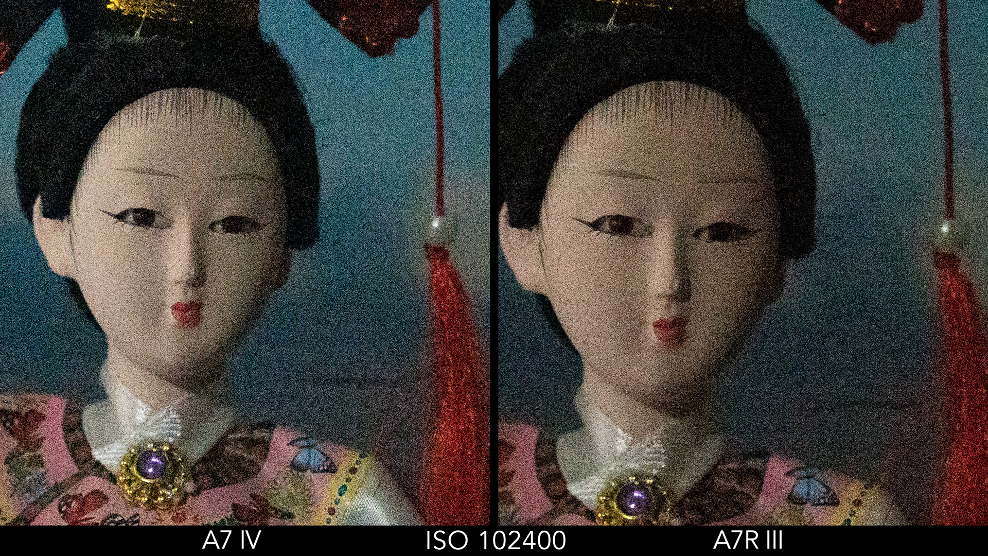 Side by side crop showing the quality at ISO 102400 for the A7 IV and A7R III