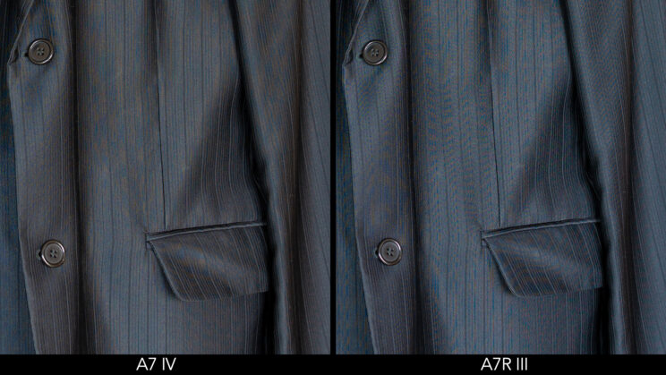 Side by side crop of a black stripped jacket showing moiré on the A7 IV and A7R III