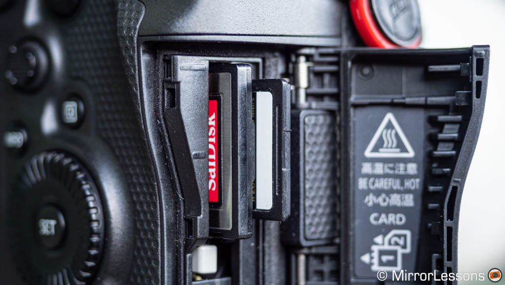 CFexpress and SD cards inserted in the Canon R3