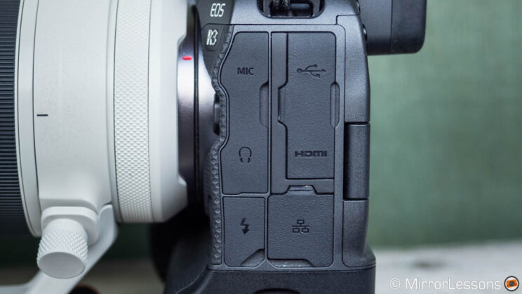 Canon R3, side view with connector ports and their protective covers