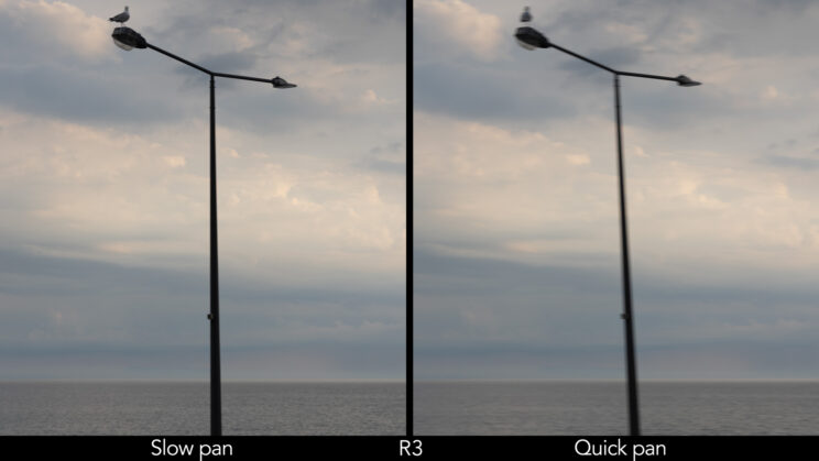 Side by side images showing distortion with the electronic shutter on the R3, when panning slowly and when panning quickly.