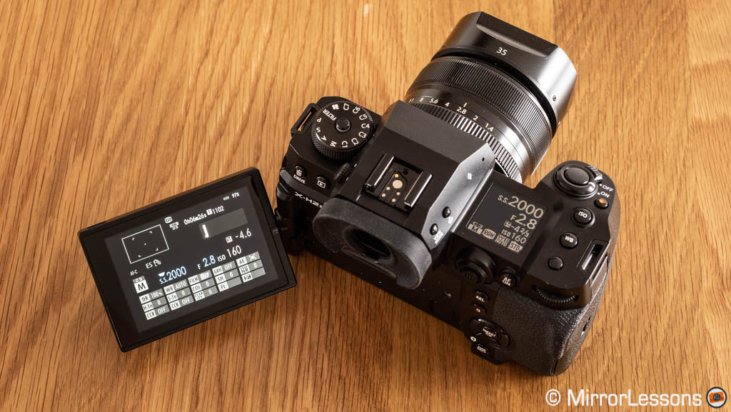 Fuji X-H2S with LCD monitor opended on the side