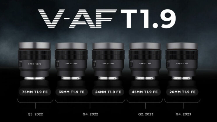 Five Samyang V-AF lenses side by side