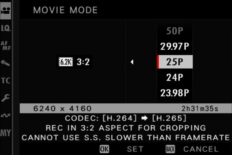 Video settings on the Fuji X-H2S