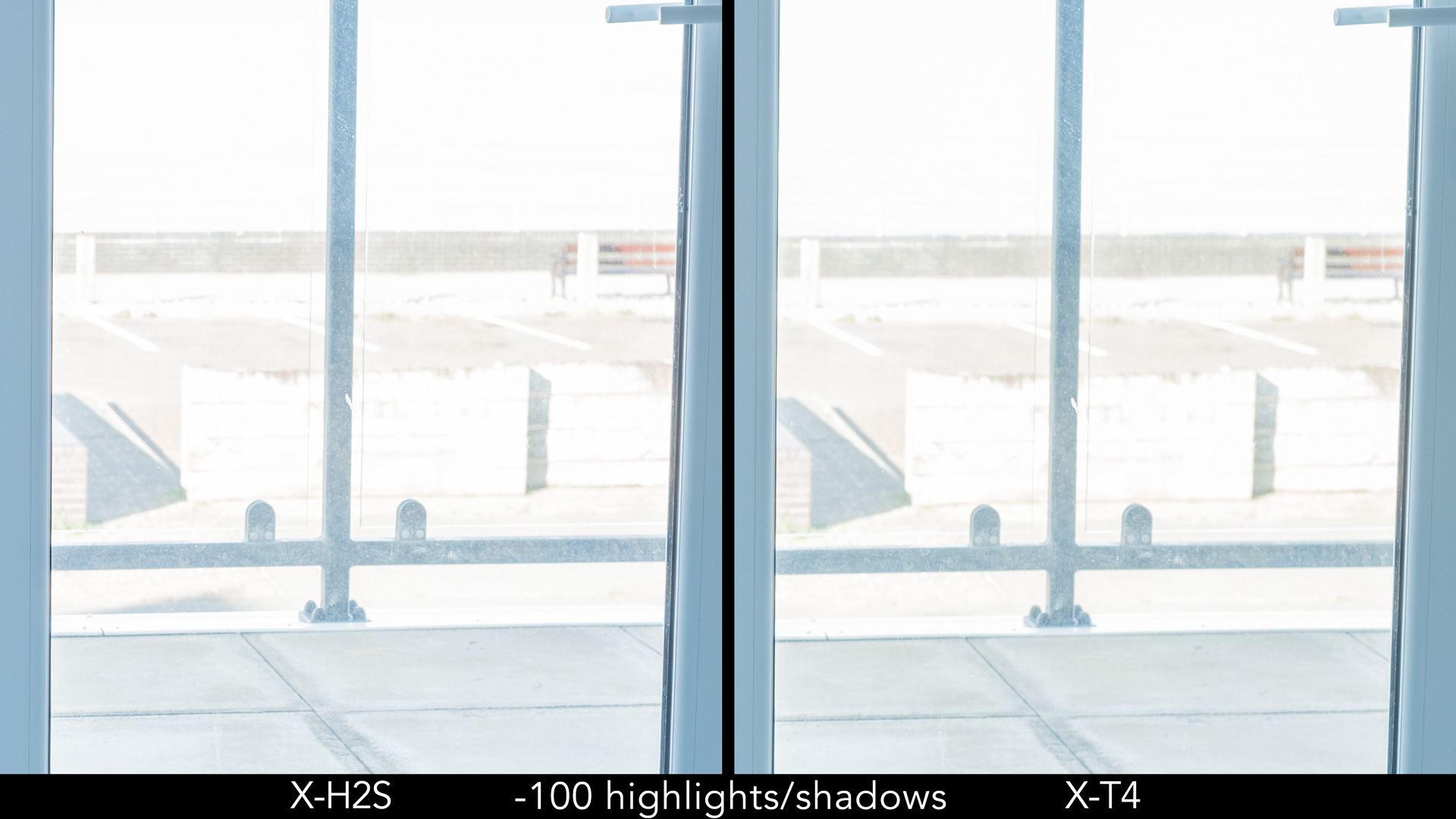 Side by side crop showing recovered details in the highlights for the X-H2S and X-T4.