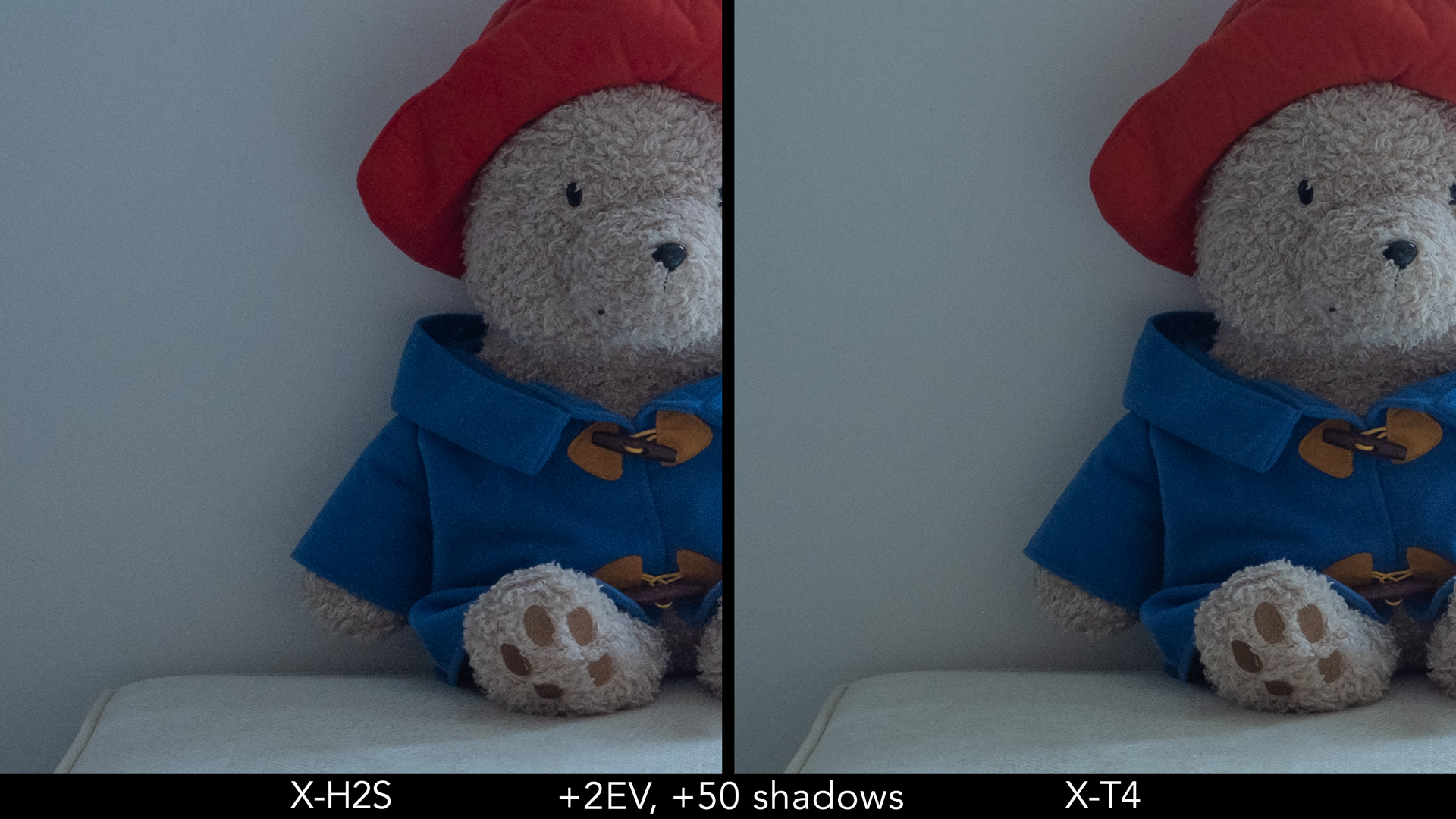 Side by side crop showing the quality with 2 stops shadow recovery on the X-H2S and X-T4.