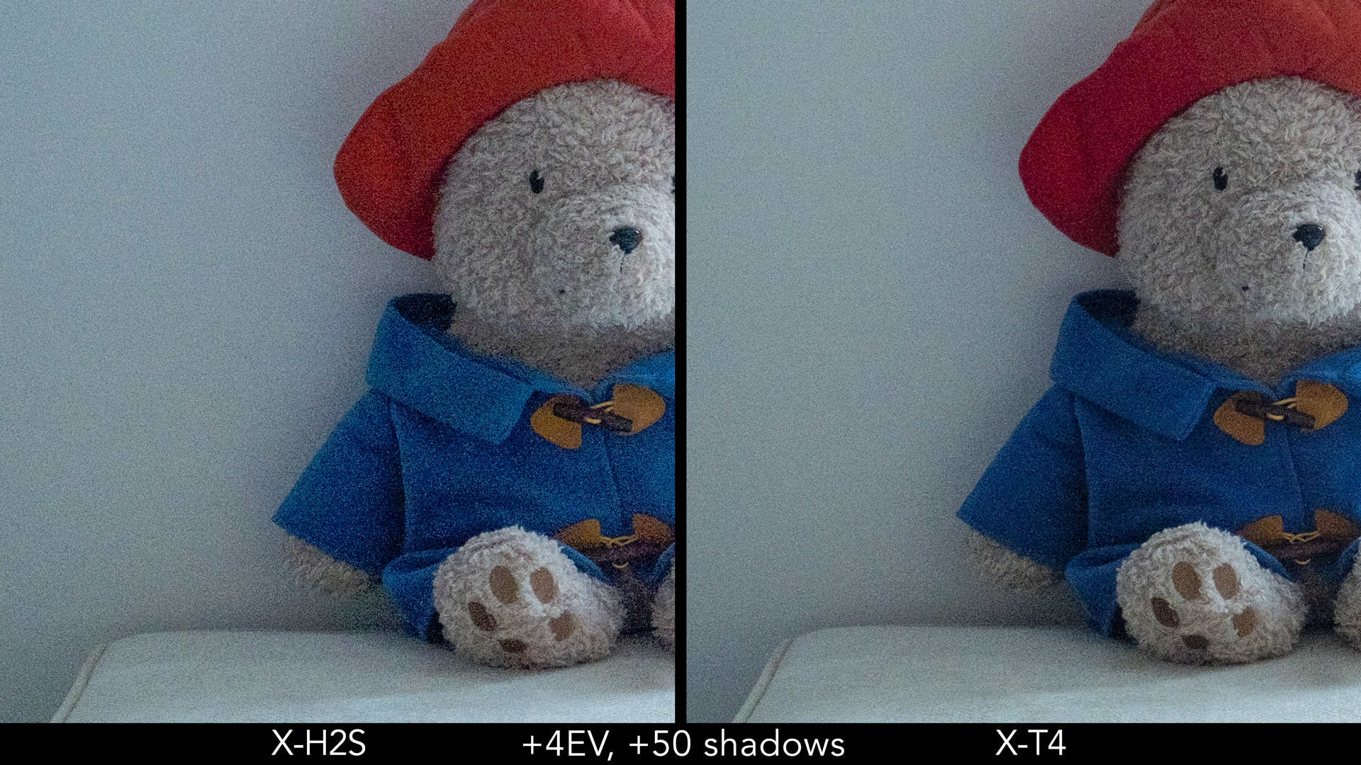 Side by side crop showing the quality with 4 stops shadow recovery on the X-H2S and X-T4.