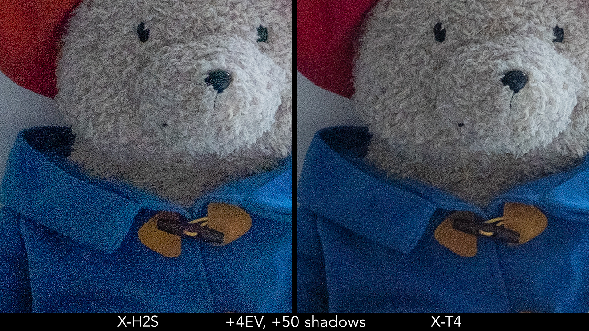 Side by side extreme crop showing the loss of details on the X-H2S image compared to the X-T4.