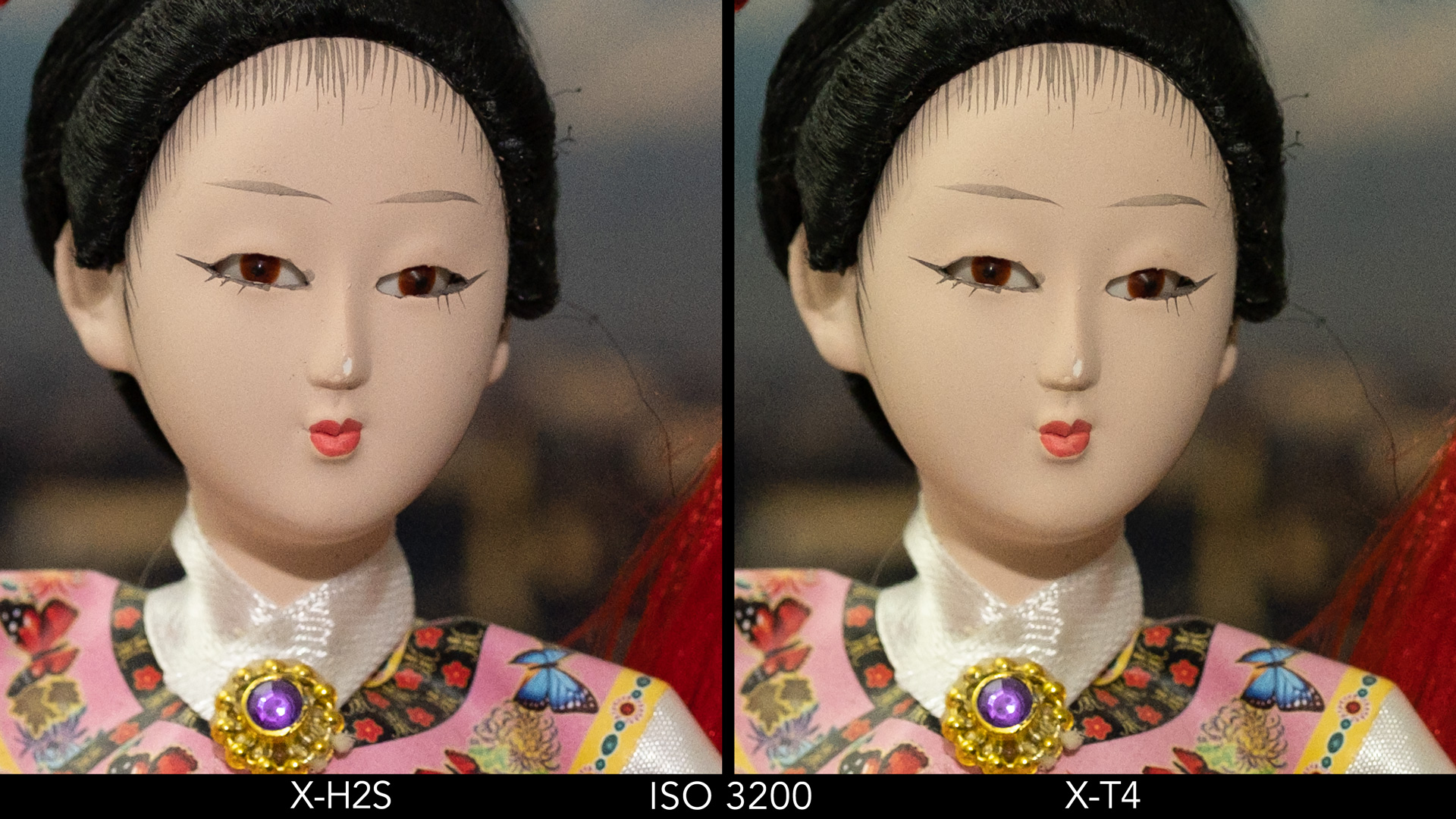 Side by side crop of the Japanese doll, showing the quality at ISO 3200 for the X-H2S and X-T4